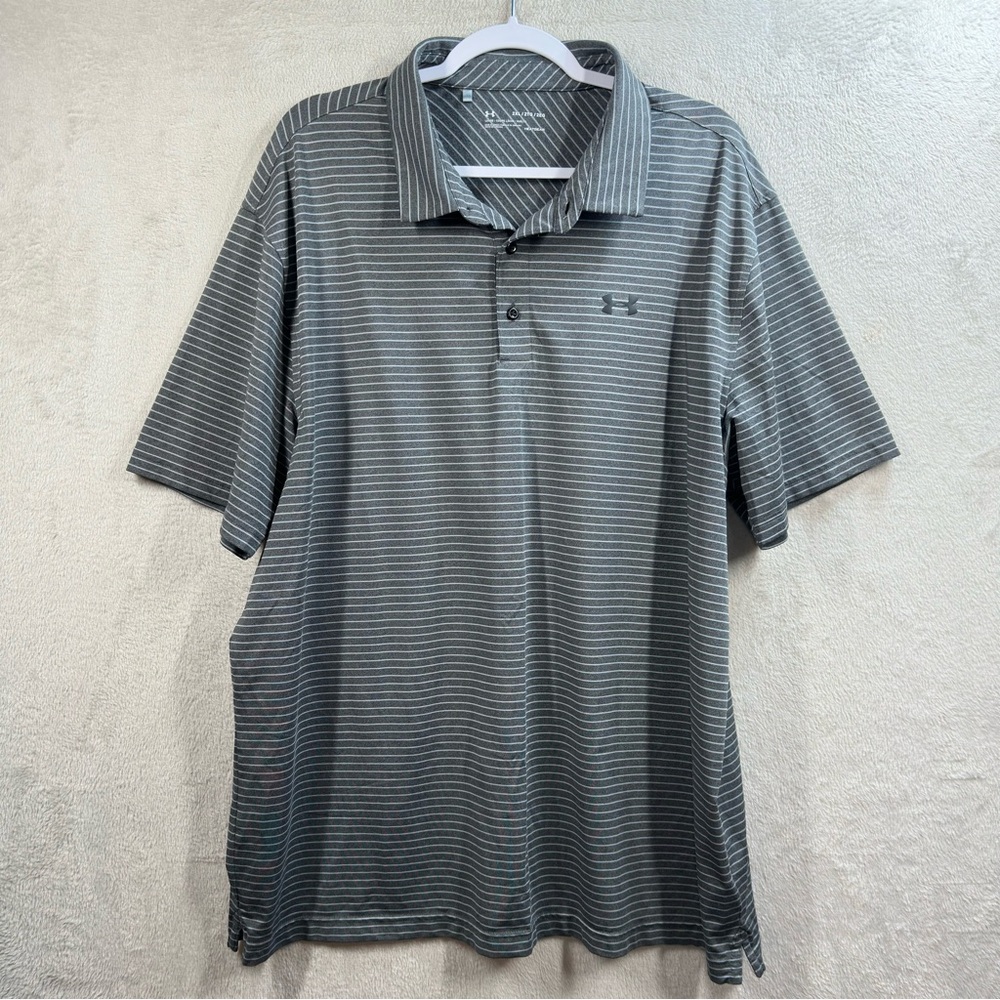 Under Armour Polo Shirt Men’s 2XL XXL Gray Stripe Loose Fit Heatgear Golf